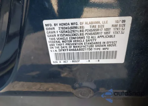 2010 Honda Pilot Ex-L z USA, uszkodzony, nr VIN 5FNYF4H66AB021150